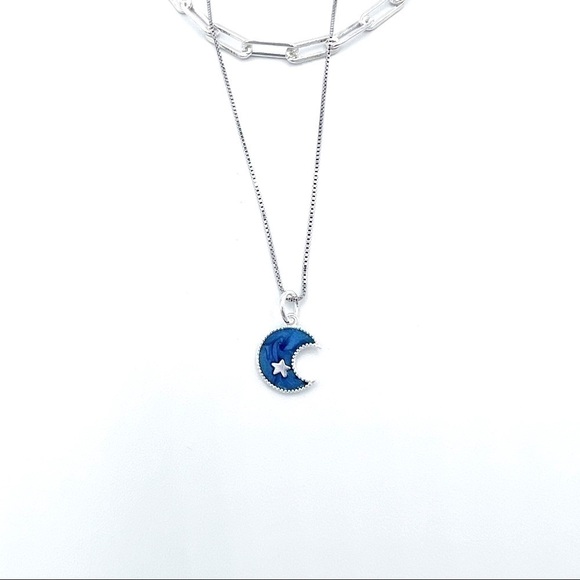 𝅺STERLING silver rope and paperclip chains with turquoise enamel moon - Picture 1 of 5